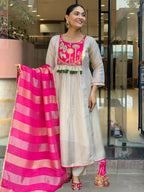 The52 Women's Gorgeous Embroidery Work Silk Fabric Flared Anarkali Pant and Dupatta Set-White | Grocsy