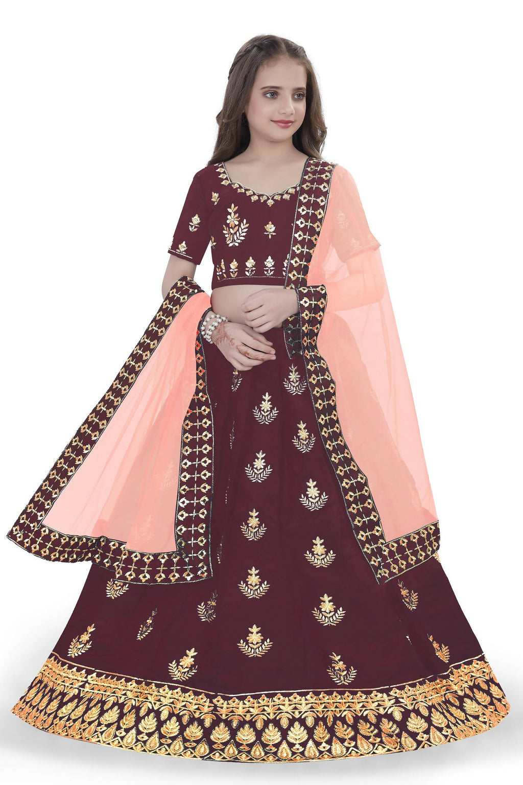 Dwiden Maroon Kamal Tafetta Sattin Semi-Stitched Girl's Lehenga Choli | Grocsy