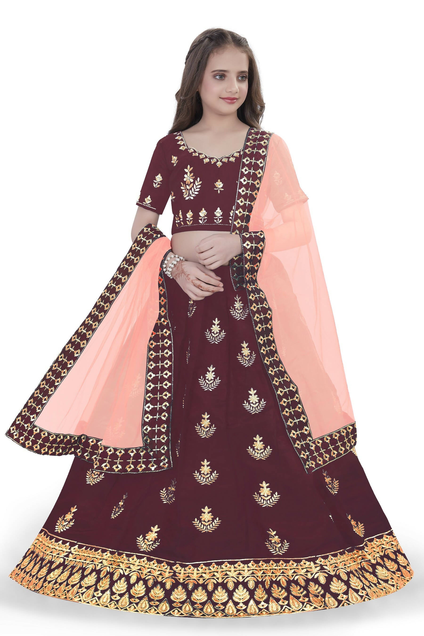Dwiden Maroon Kamal Tafetta Sattin Semi-Stitched Girl's Lehenga Choli | Grocsy