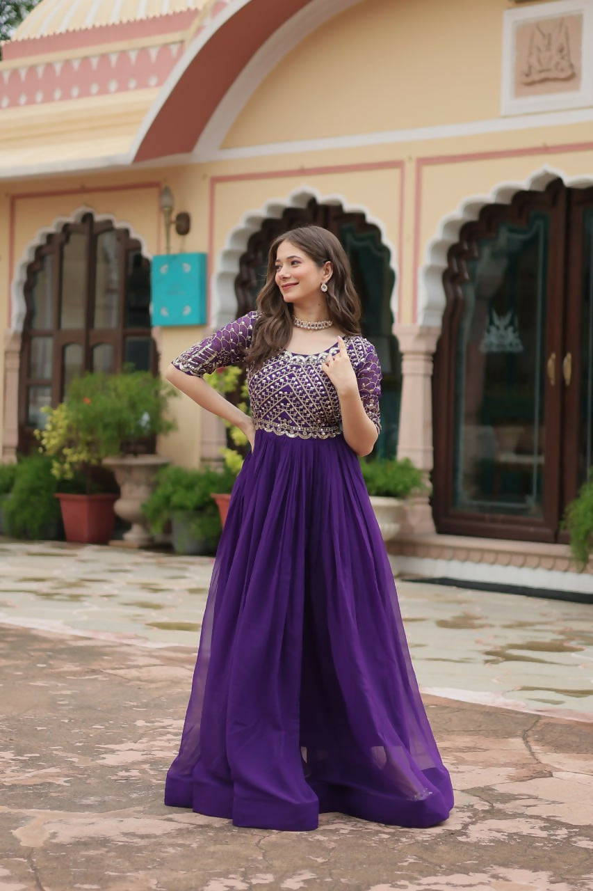 Vastranavya Faux Blooming with Embroidery Zari Sequins-work Gown - Purple | Grocsy