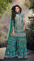 Anaita Blue Chinon Stitched Suit with Embroidery & Sequence Work | Grocsy