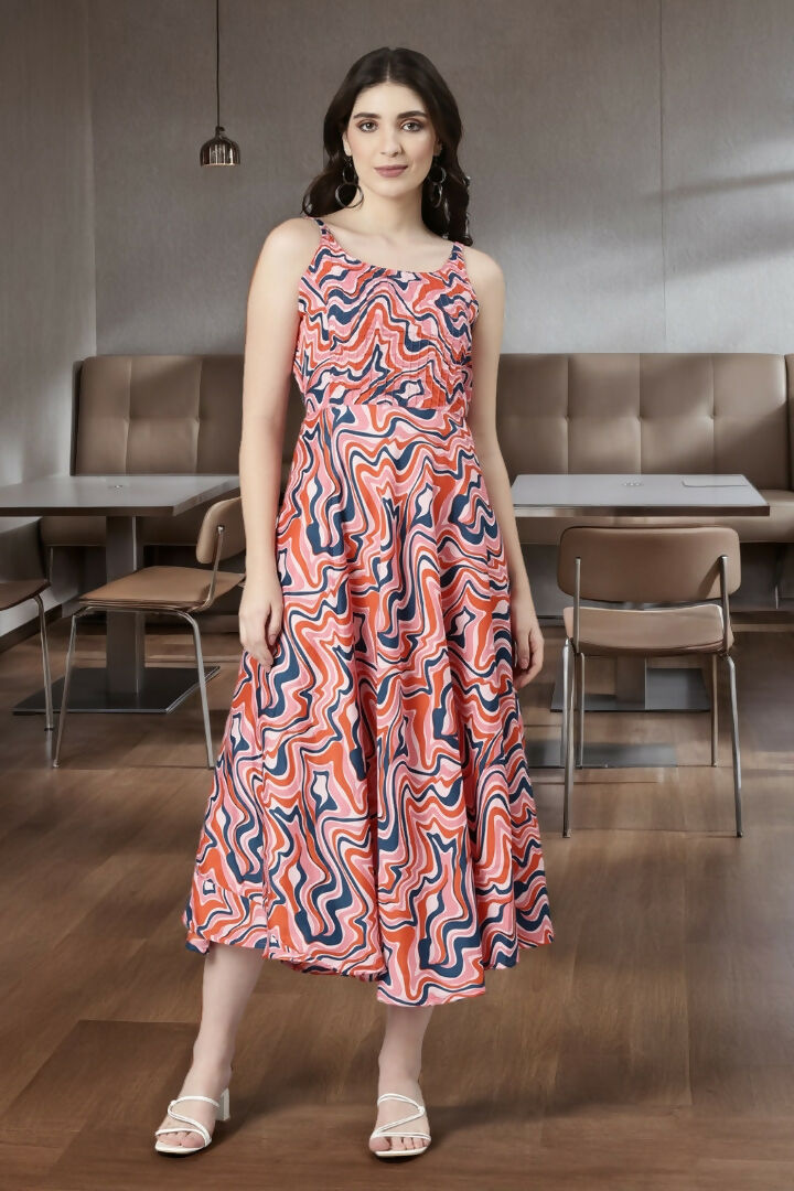 Souchii Multicolour Abstract Print Fit & Flare Midi Dress | Grocsy