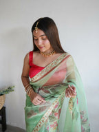 Vamsee Nilam Green Organza Saree | Grocsy