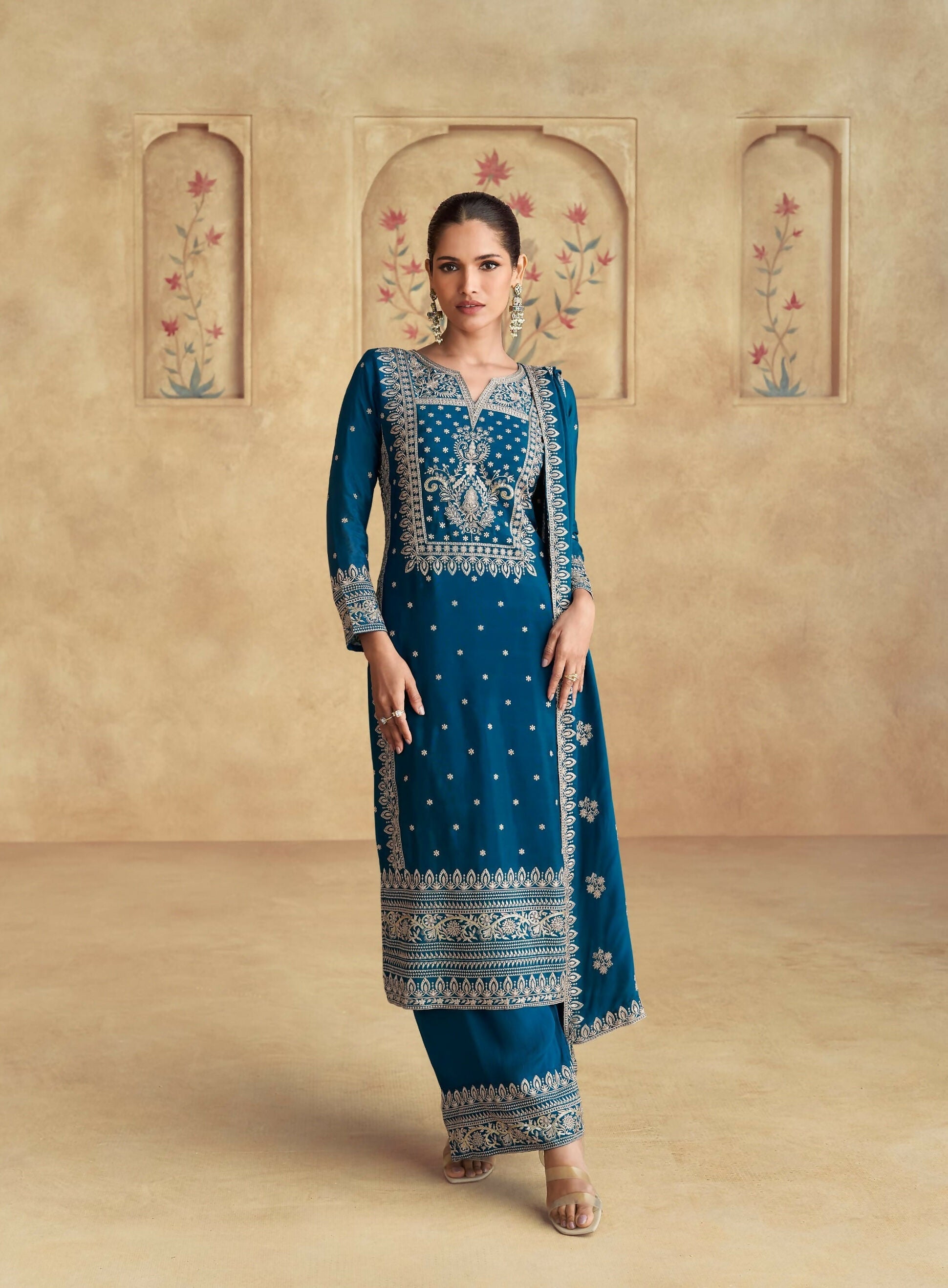 Anaita Teal Premium Chinon Embroidered Dhaga Sequence Work Ready Made Suit | Grocsy