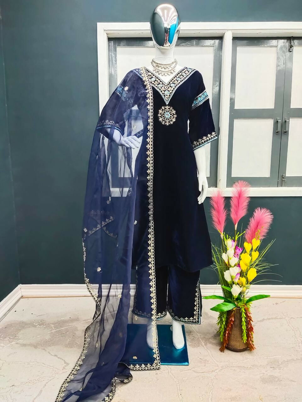 Teeya Creation Blue Color Velvet Designer Embroidery Work party Wear Suit | Grocsy