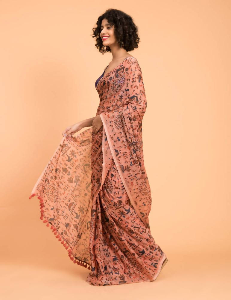 Suta Peach Blue Warli Printed Pure Cotton Saree | Grocsy