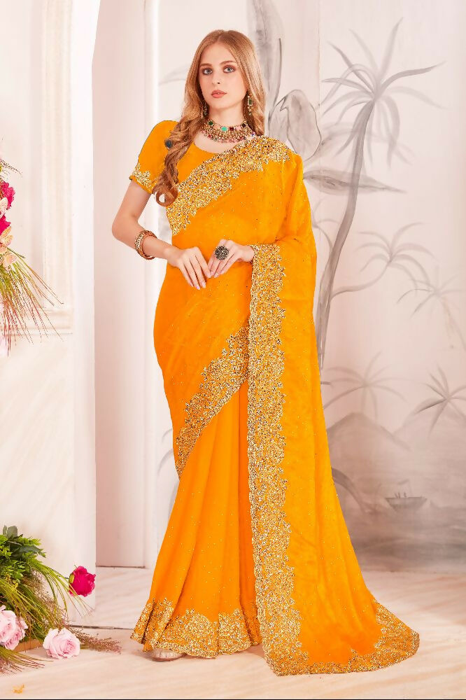 PR Fashion Mustard Fendi Two Tone Silk Heavy Zari & Resham Embroidery Work With Heavy Zircon Work Saree | Grocsy