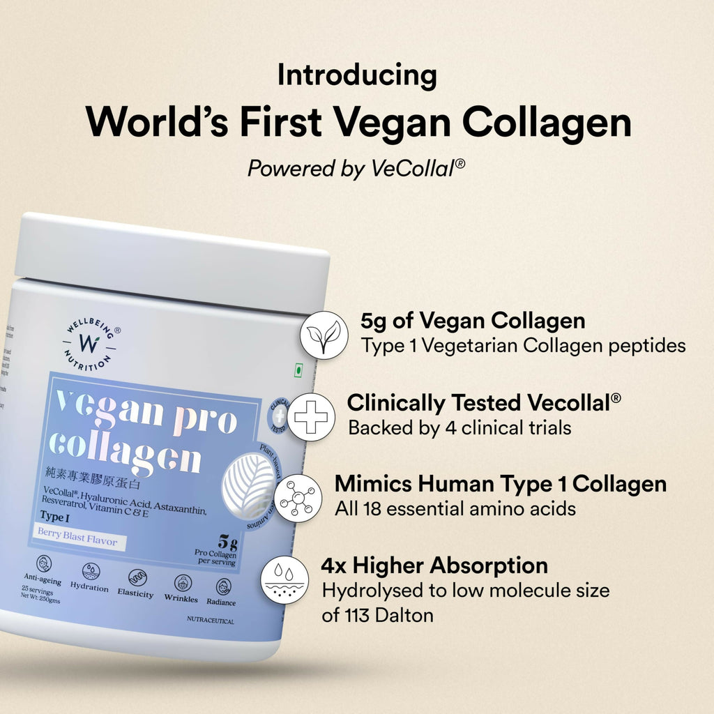 Wellbeing Nutrition Vegan Pro Collagen Powder with Vitamin C & E - Berry Blast - Improves Skin Hydration, Texture & Evens Skin Tone | Grocsy