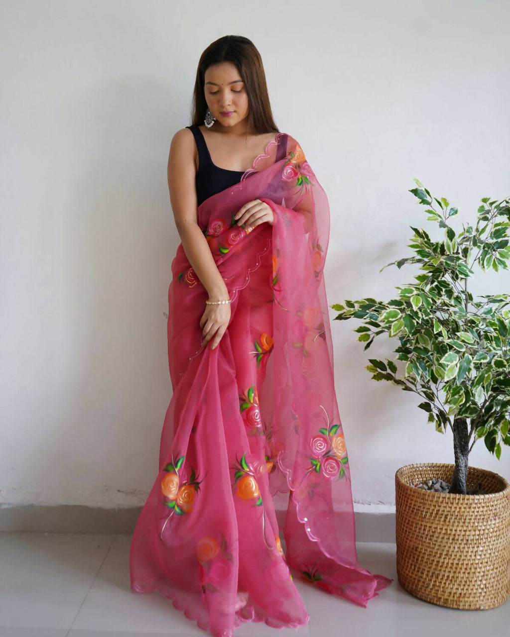 Vamsee Pink Organza Saree | Grocsy