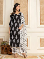 Yufta Women Black Paisley Print Rayon Kurta With Hand Block Print Palazzo & Dupatta | Grocsy