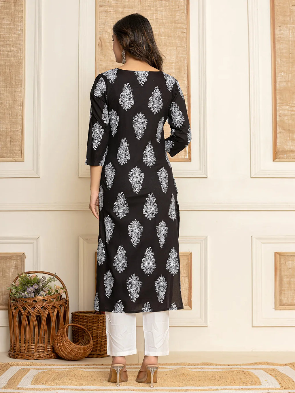 Yufta Women Black Paisley Print Rayon Kurta With Hand Block Print Palazzo & Dupatta | Grocsy