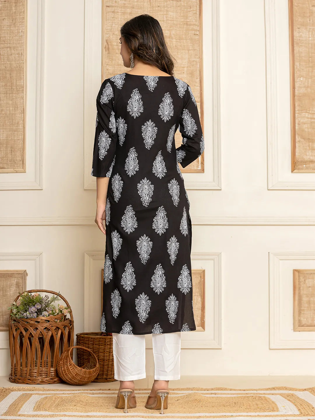 Yufta Women Black Paisley Print Rayon Kurta With Hand Block Print Palazzo & Dupatta | Grocsy