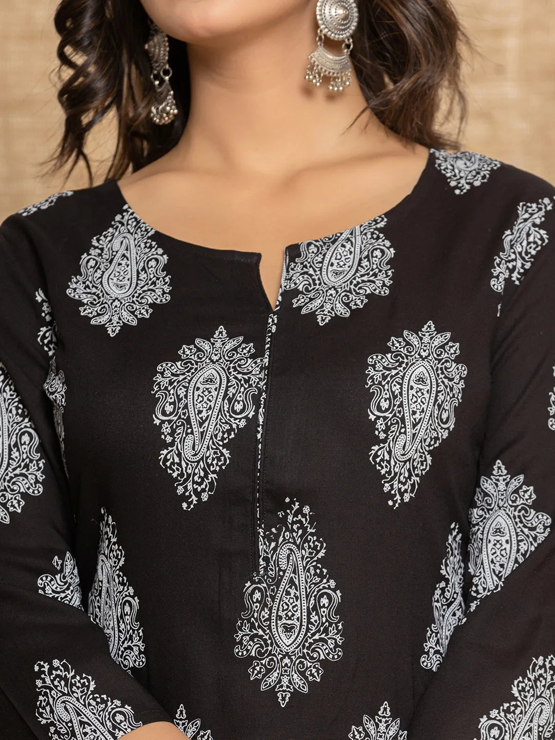 Yufta Women Black Paisley Print Rayon Kurta With Hand Block Print Palazzo & Dupatta | Grocsy