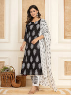 Yufta Women Black Paisley Print Rayon Kurta With Hand Block Print Palazzo & Dupatta | Grocsy