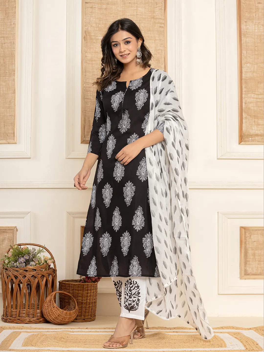 Yufta Women Black Paisley Print Rayon Kurta With Hand Block Print Palazzo & Dupatta | Grocsy