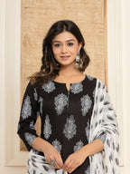 Yufta Women Black Paisley Print Rayon Kurta With Hand Block Print Palazzo & Dupatta | Grocsy