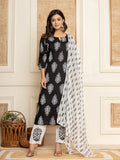 Yufta Women Black Paisley Print Rayon Kurta With Hand Block Print Palazzo & Dupatta | Grocsy