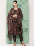 Yufta Women Black & Red Floral Printed Pure Cotton Kurta with Trousers & With Dupatta | Grocsy