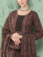 Yufta Women Black & Red Floral Printed Pure Cotton Kurta with Trousers & With Dupatta | Grocsy