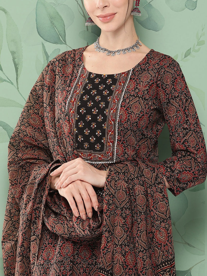 Yufta Women Black & Red Floral Printed Pure Cotton Kurta with Trousers & With Dupatta | Grocsy