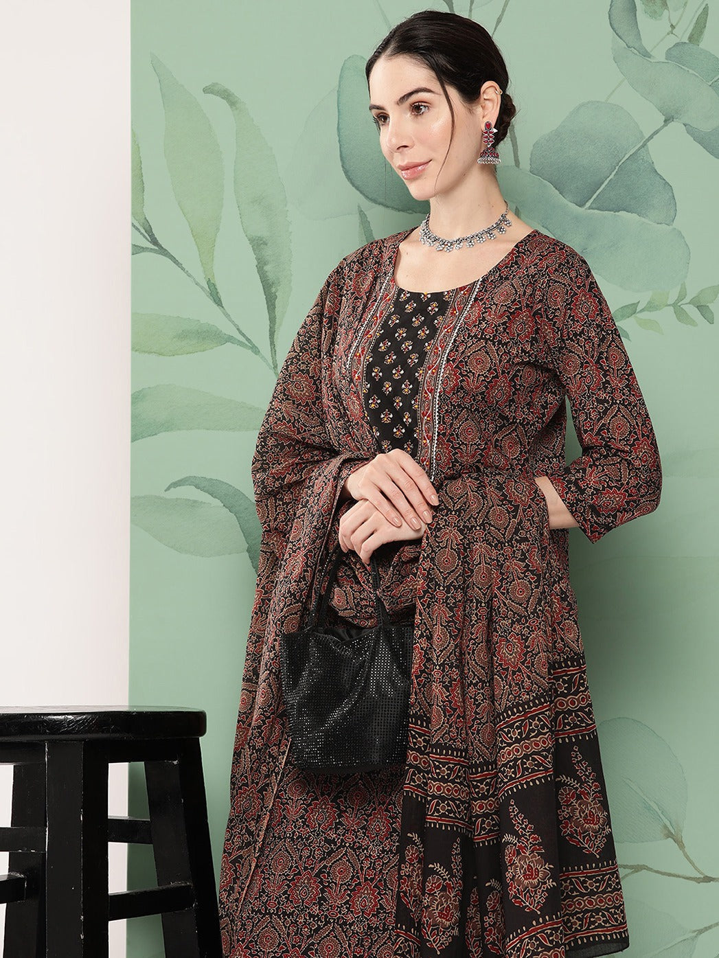 Yufta Women Black & Red Floral Printed Pure Cotton Kurta with Trousers & With Dupatta | Grocsy
