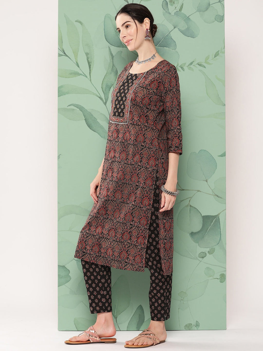 Yufta Women Black & Red Floral Printed Pure Cotton Kurta with Trousers & With Dupatta | Grocsy