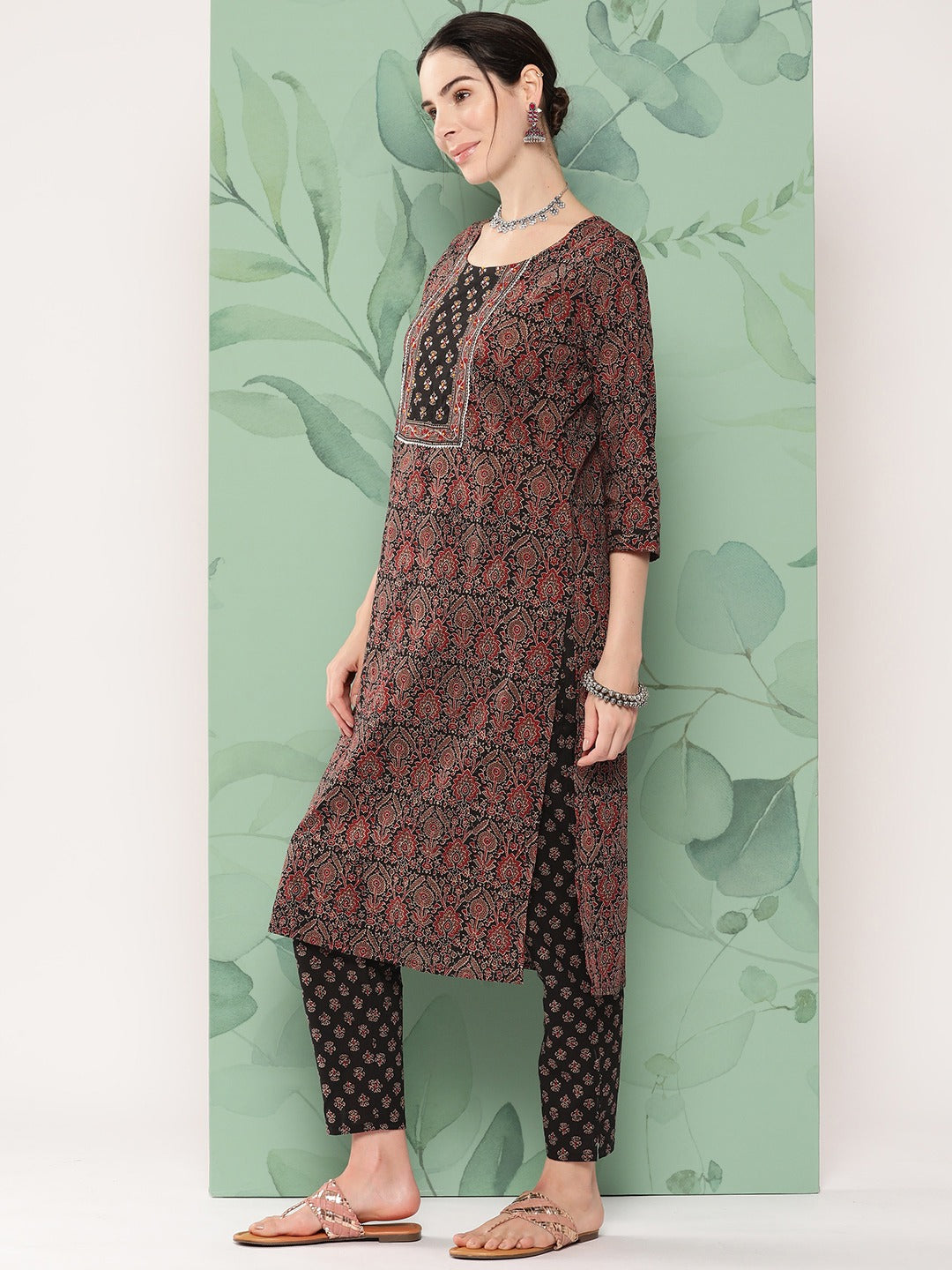 Yufta Women Black & Red Floral Printed Pure Cotton Kurta with Trousers & With Dupatta | Grocsy