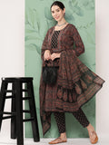 Yufta Women Black & Red Floral Printed Pure Cotton Kurta with Trousers & With Dupatta | Grocsy