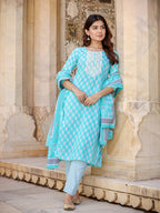 Yufta Women Floral Embroidered Regular Thread Work Kurta with Trousers & Dupatta | Grocsy