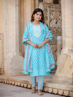 Yufta Women Floral Embroidered Regular Thread Work Kurta with Trousers & Dupatta | Grocsy