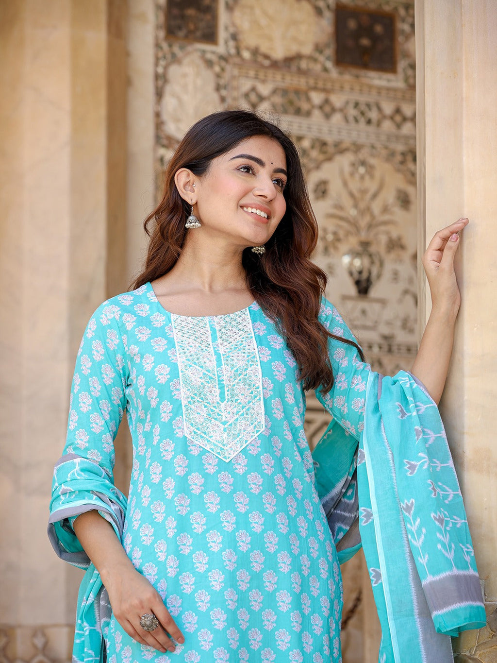 Yufta Women Floral Embroidered Regular Thread Work Kurta with Trousers & Dupatta | Grocsy