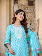 Yufta Women Floral Embroidered Regular Thread Work Kurta with Trousers & Dupatta | Grocsy