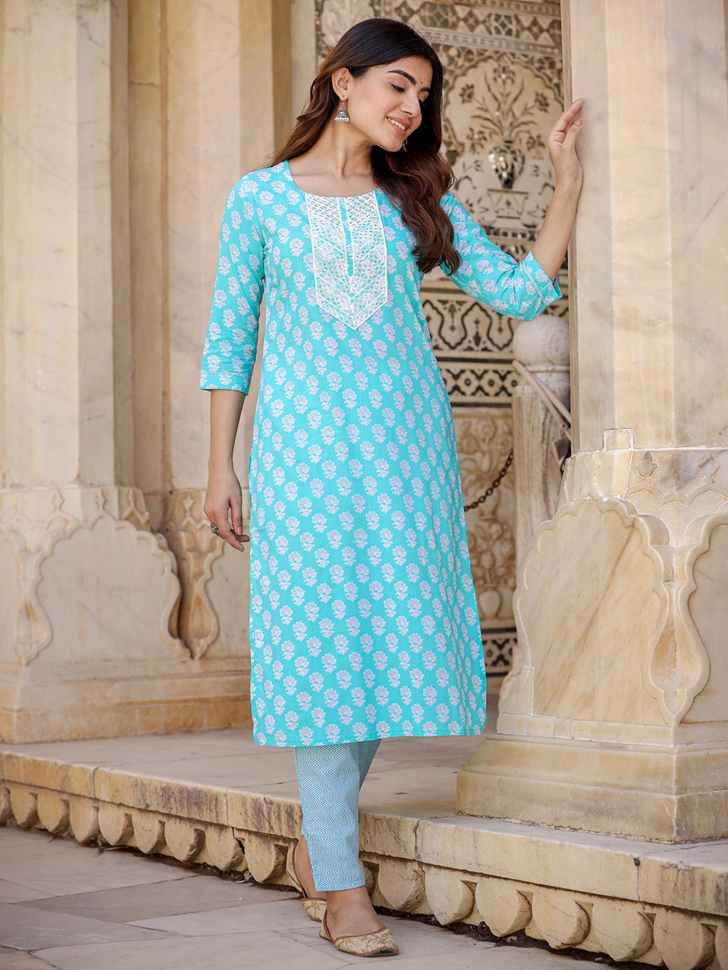 Yufta Women Floral Embroidered Regular Thread Work Kurta with Trousers & Dupatta | Grocsy