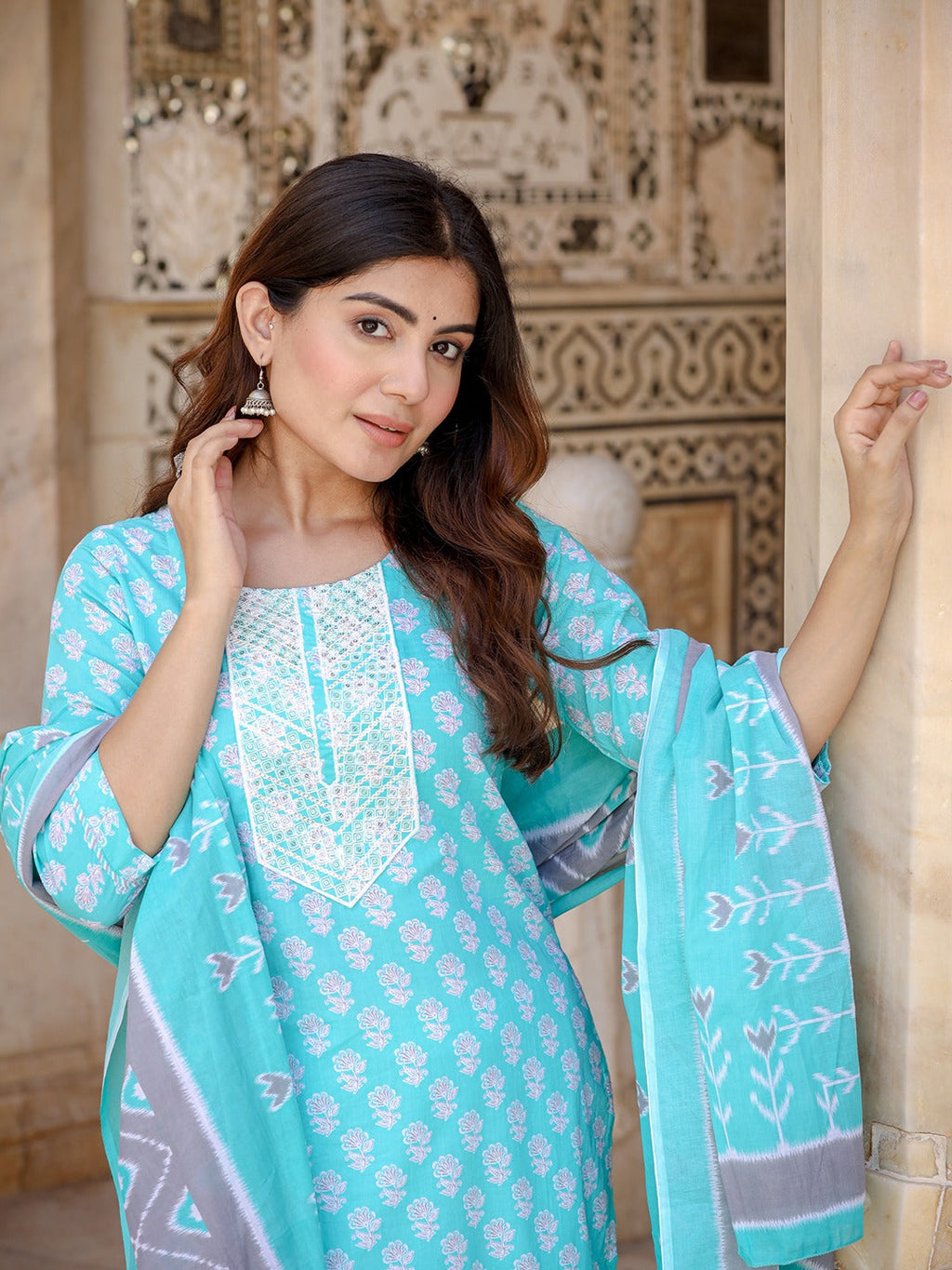 Yufta Women Floral Embroidered Regular Thread Work Kurta with Trousers & Dupatta | Grocsy