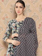 Yufta Women Floral Printed Regular Pure Cotton Kurta with Trousers & With Dupatta | Grocsy