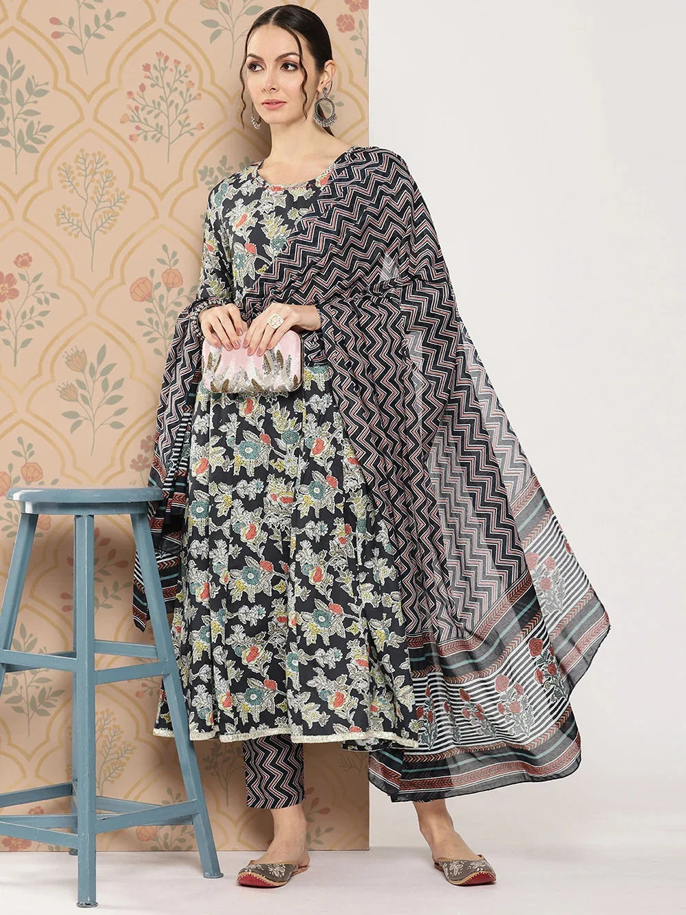 Yufta Women Floral Printed Regular Pure Cotton Kurta with Trousers & With Dupatta | Grocsy