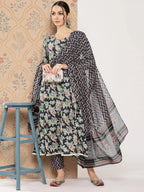 Yufta Women Floral Printed Regular Pure Cotton Kurta with Trousers & With Dupatta | Grocsy