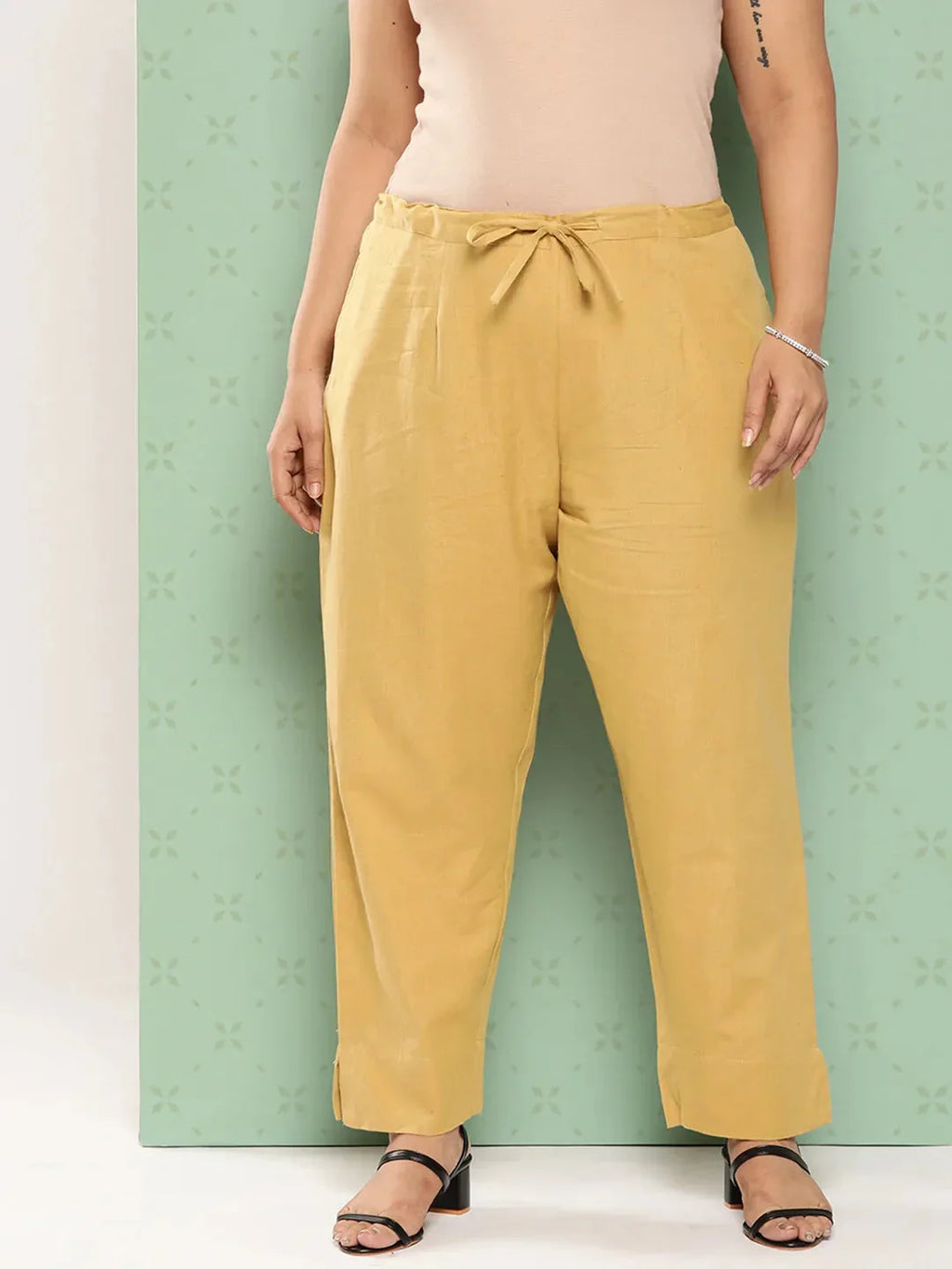Yufta Women Plus Size Beige Cotton Ethnic Trousers | Grocsy