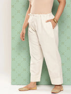 Yufta Women Plus Size Cream Pure Cotton Ethnic Trousers | Grocsy