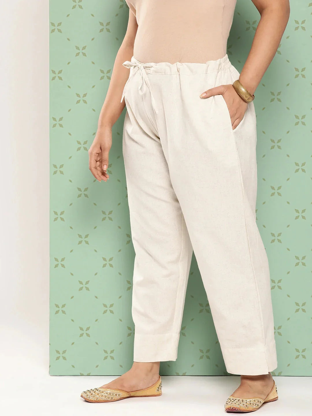 Yufta Women Plus Size Cream Pure Cotton Ethnic Trousers | Grocsy