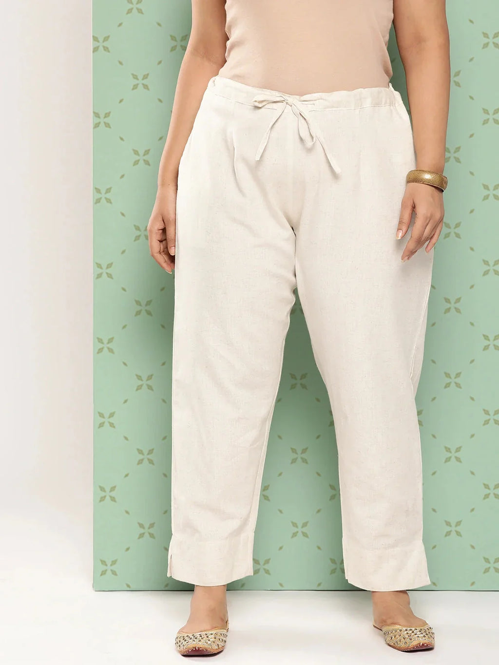 Yufta Women Plus Size Cream Pure Cotton Ethnic Trousers | Grocsy