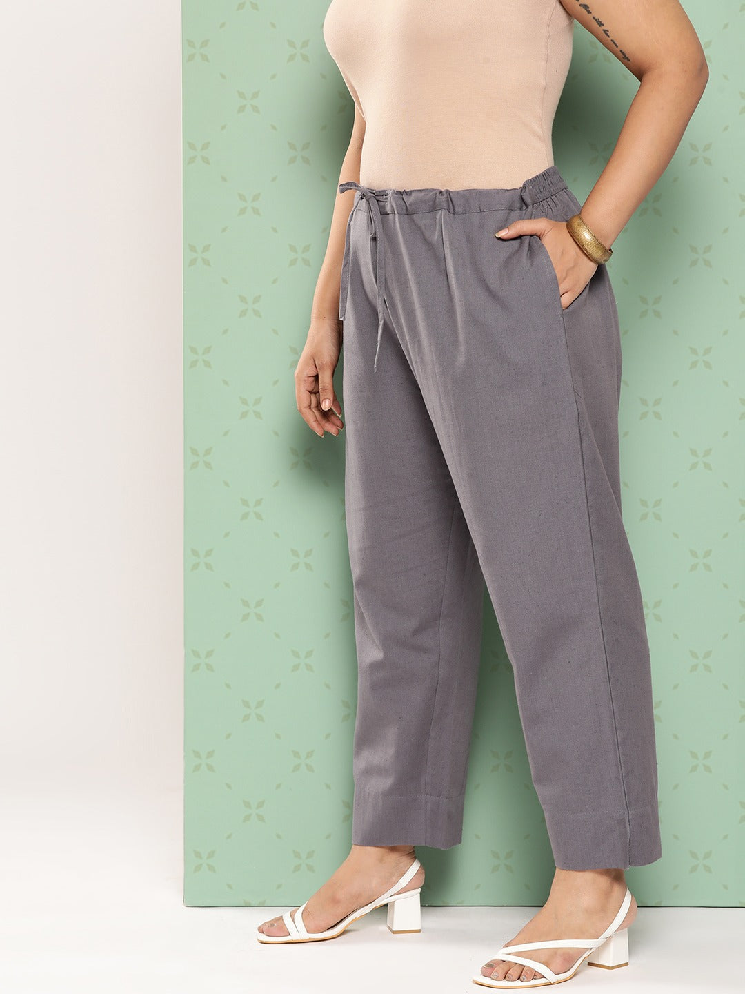 Yufta Women Plus Size Grey Cotton Ethnic Trousers | Grocsy