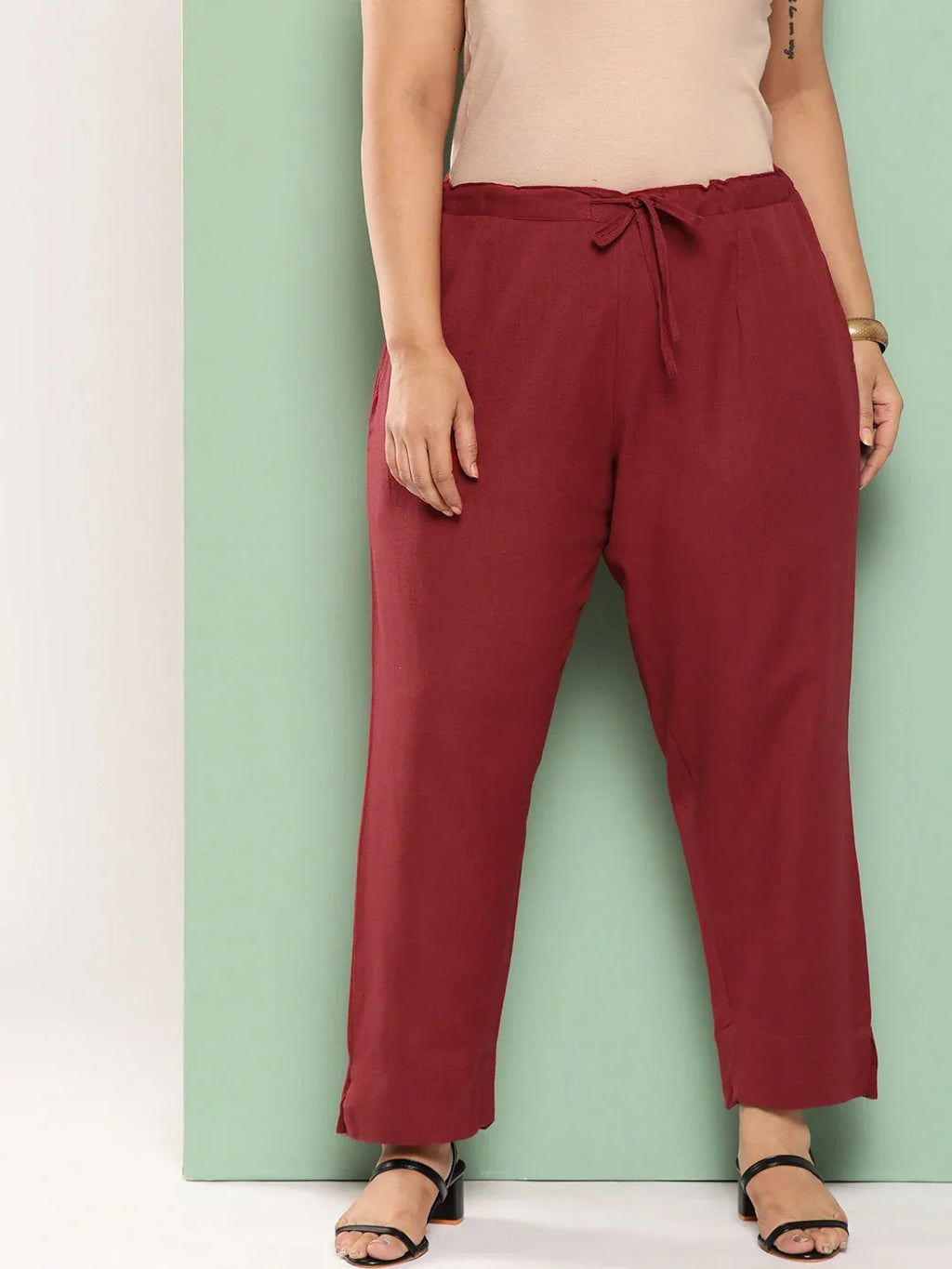 Yufta Women Plus Size Maroon Cotton Ethnic Trousers | Grocsy