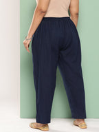Yufta Women Plus Size Navy Blue Cotton Ethnic Trousers | Grocsy