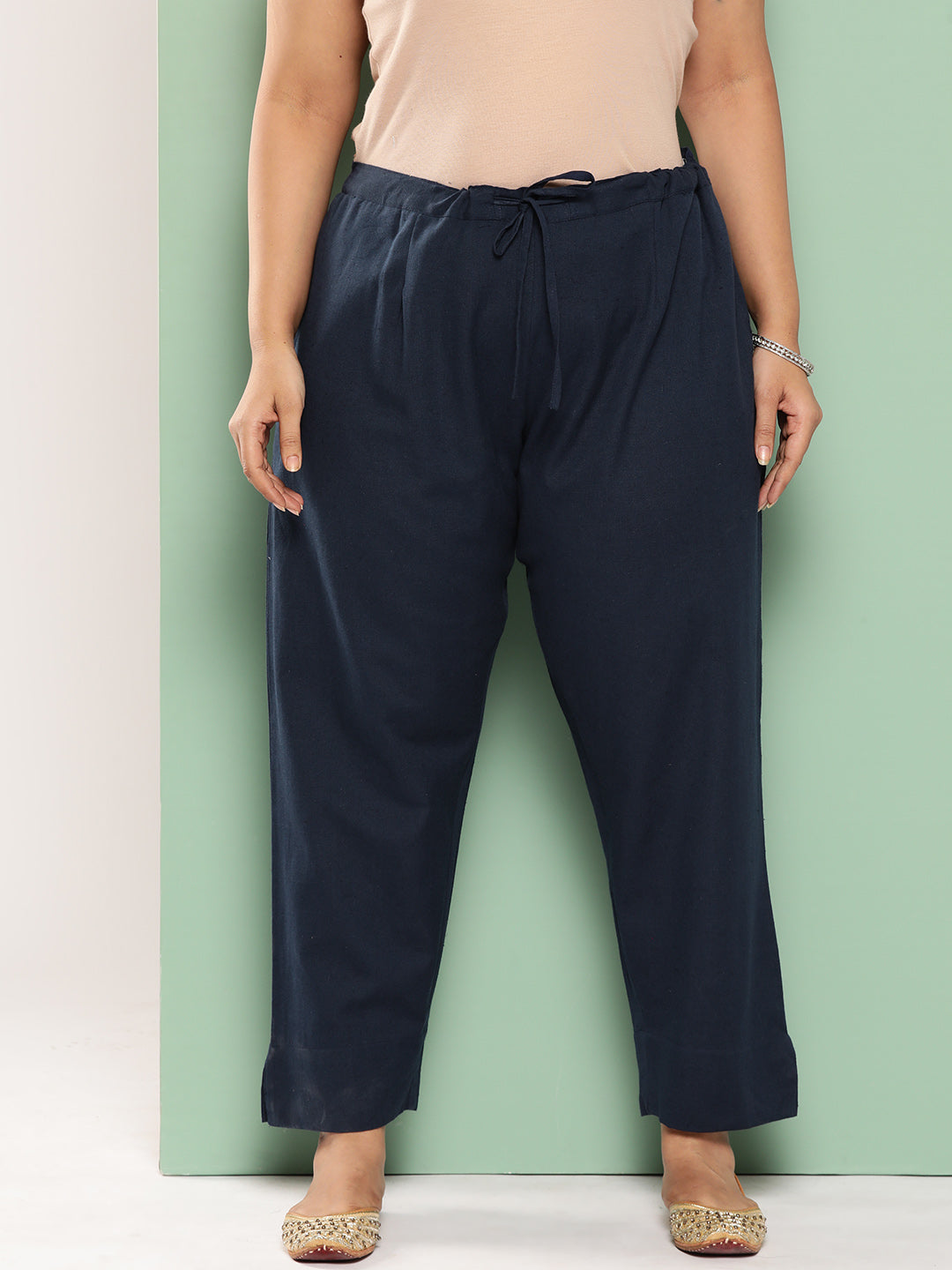 Yufta Women Plus Size Navy Blue Cotton Ethnic Trousers | Grocsy