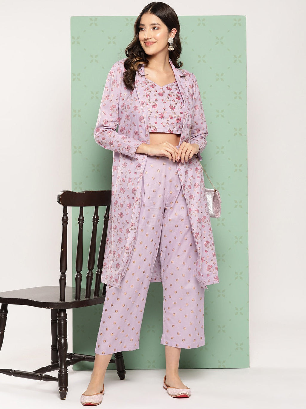 Yufta Women Printed Cotton Top with Trousers with Shrug | Grocsy