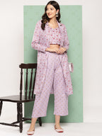 Yufta Women Printed Cotton Top with Trousers with Shrug | Grocsy