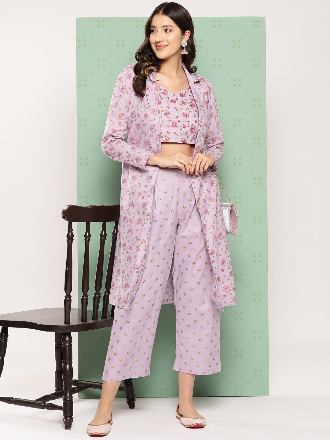 Yufta Women Printed Cotton Top with Trousers with Shrug | Grocsy
