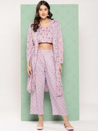 Yufta Women Printed Cotton Top with Trousers with Shrug | Grocsy
