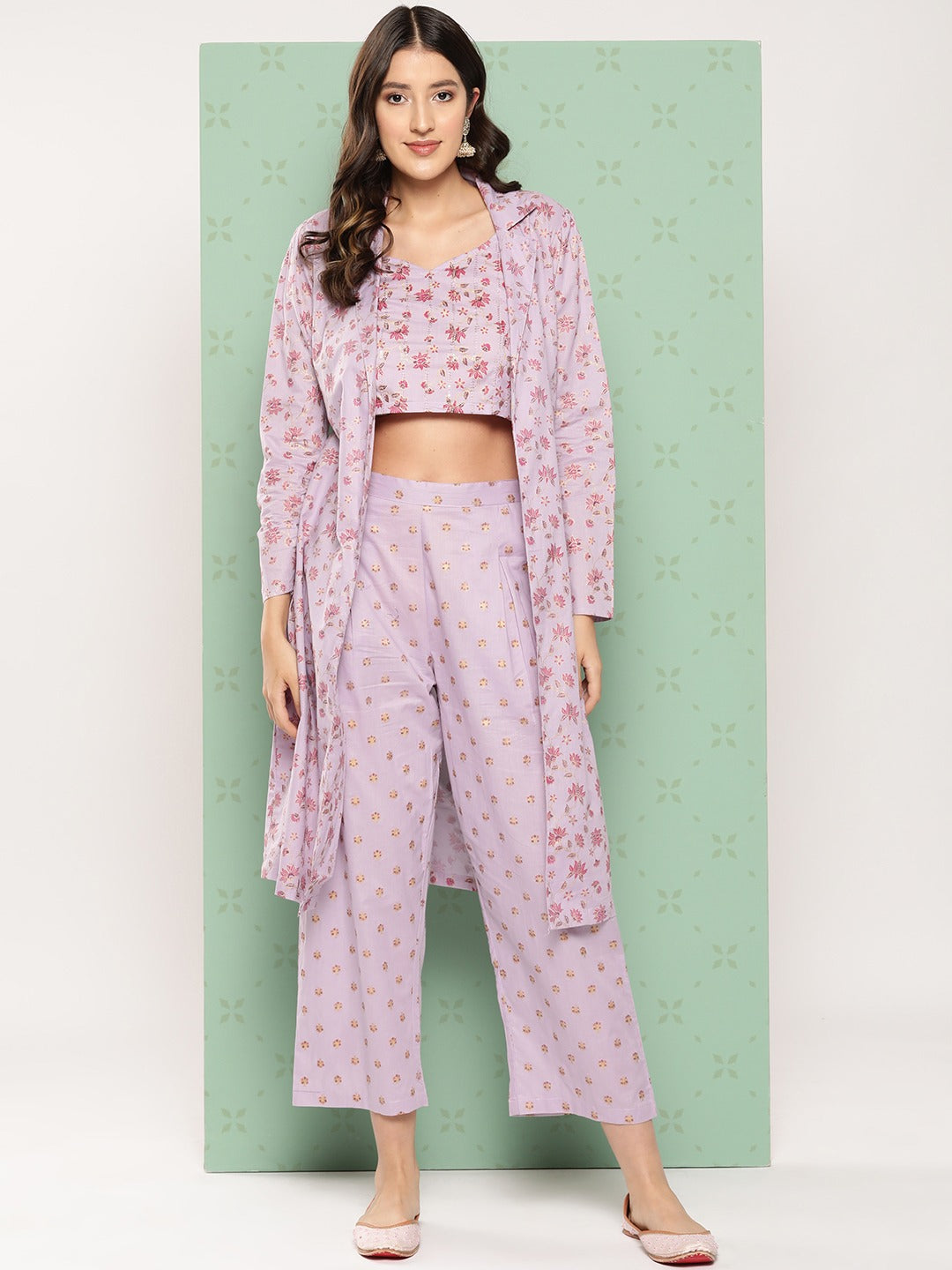 Yufta Women Printed Cotton Top with Trousers with Shrug | Grocsy